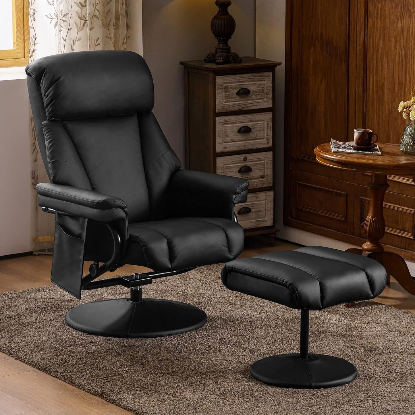 Swivel Recliner with Ottoman, TV Chair with Vibration Massage, Ideal for RV Small Space, Living Room & Bedroom 4539 4828 (Faux Leather, Black)