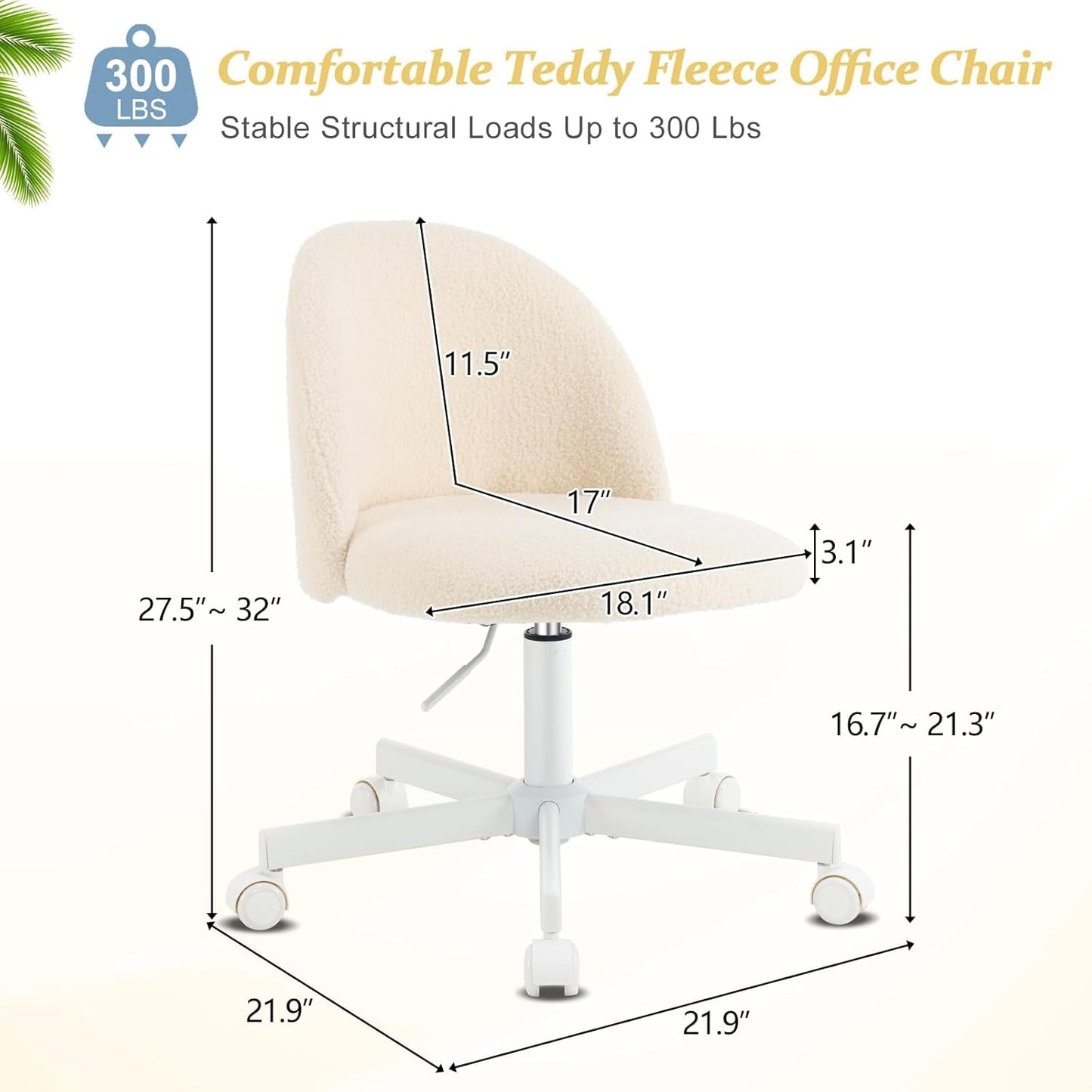 Candy Chair Armless Cute Desk Chair,Comfy Small Office Chair with Wheels,Vanity Chair Lumbar Support,Teddy Adjustable Rolling Swivel Computer Task Chair for Home Office,Bedroom,Creamy Beige