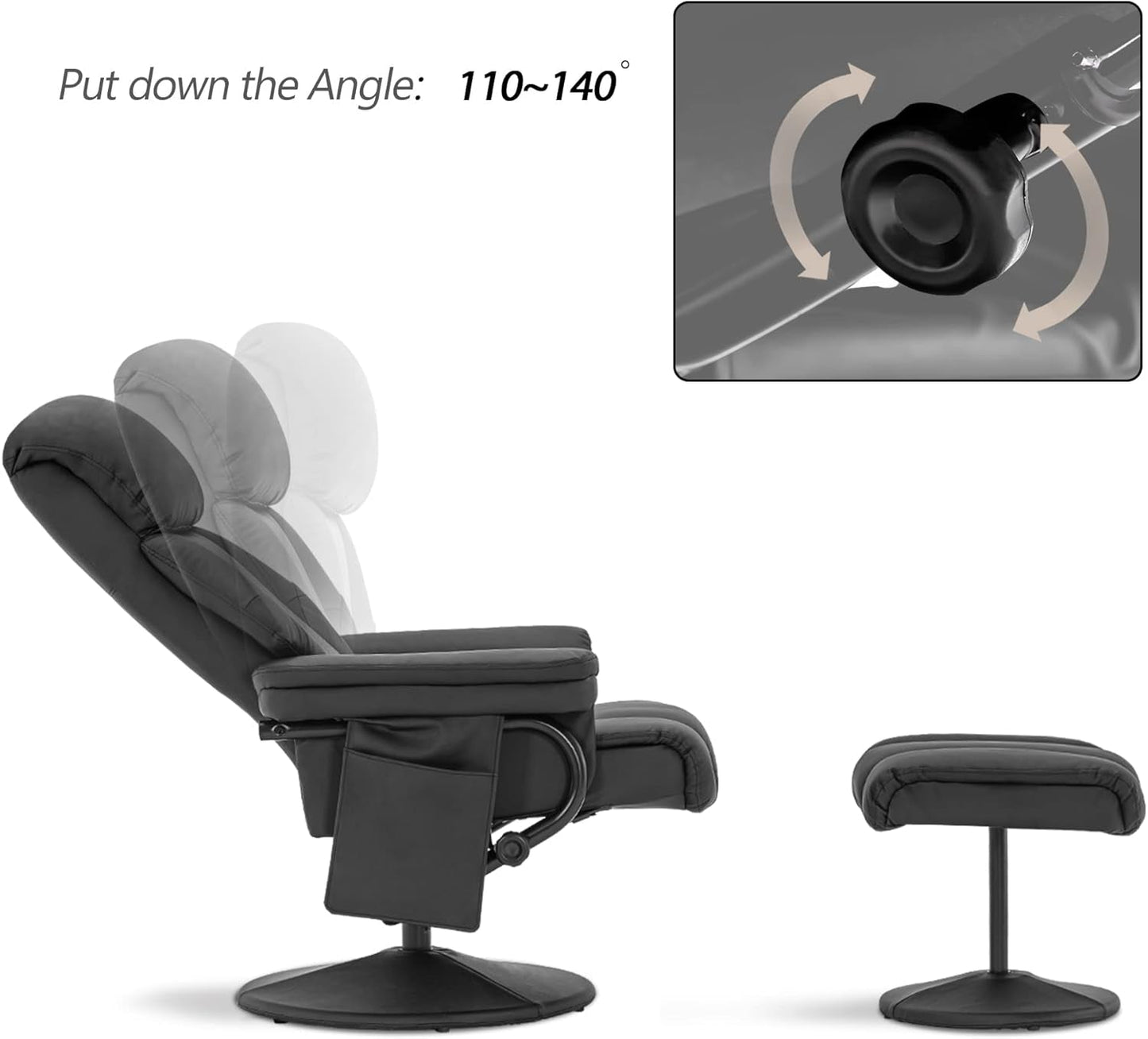 Swivel Recliner with Ottoman, TV Chair with Vibration Massage, Ideal for RV Small Space, Living Room & Bedroom 4539 4828 (Faux Leather, Black)