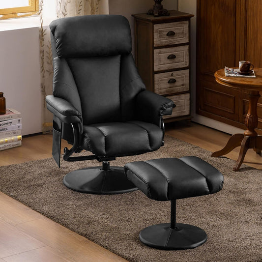 Swivel Recliner with Ottoman, TV Chair with Vibration Massage, Ideal for RV Small Space, Living Room & Bedroom 4539 4828 (Faux Leather, Black)