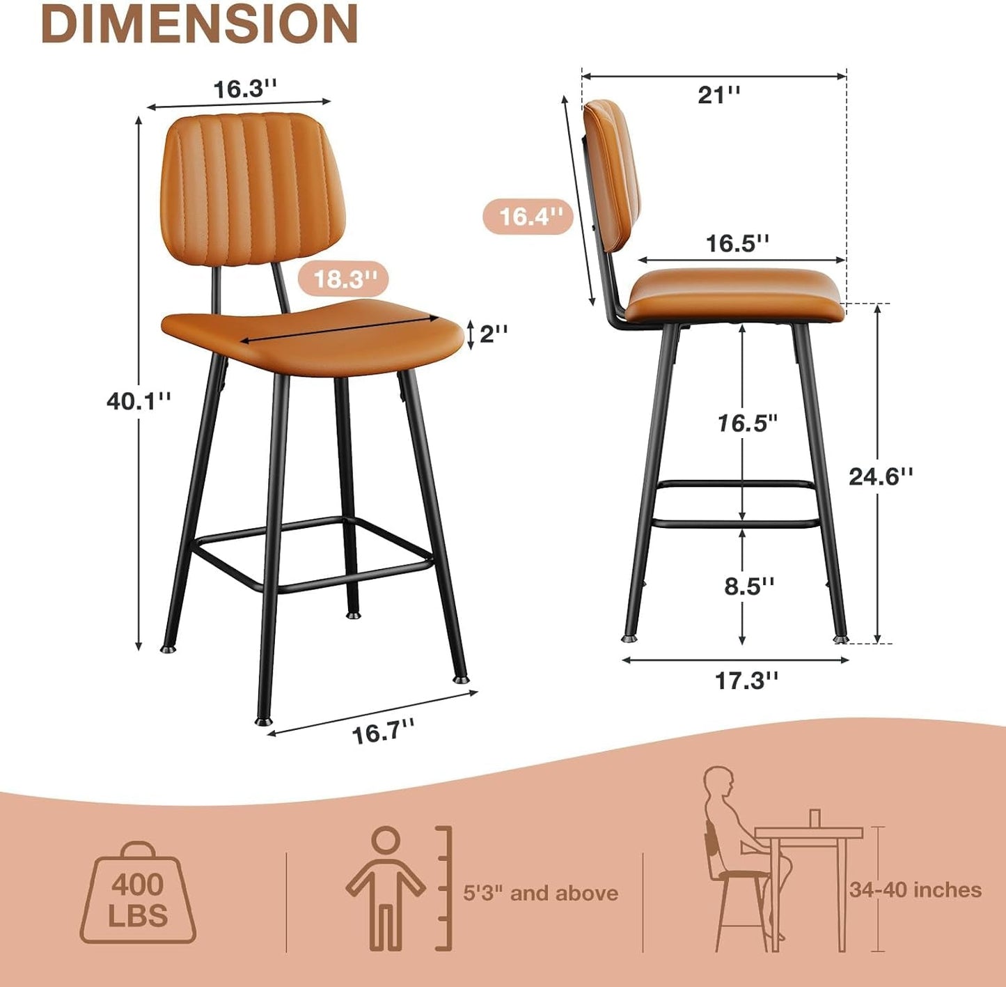 Bar Stools Set of 2, 24.6 Inch Counter Height Barstools, High Backrest Faux Leather Upholstered Counter Stools with Armless Footrest Modern Bar Chairs Tall Pub Stools for Kitchen Dining,Brown
