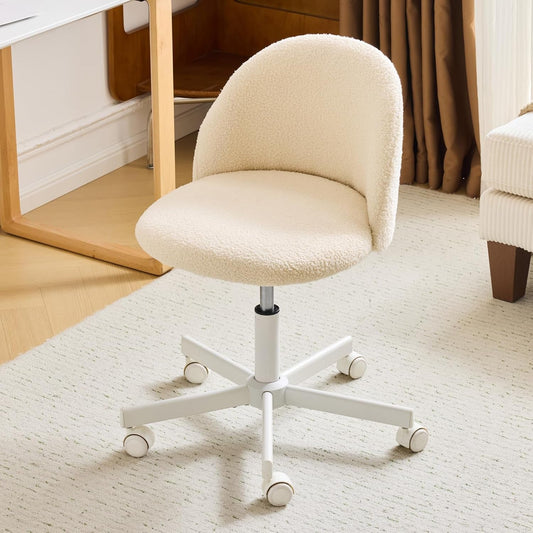 Candy Chair Armless Cute Desk Chair,Comfy Small Office Chair with Wheels,Vanity Chair Lumbar Support,Teddy Adjustable Rolling Swivel Computer Task Chair for Home Office,Bedroom,Creamy Beige