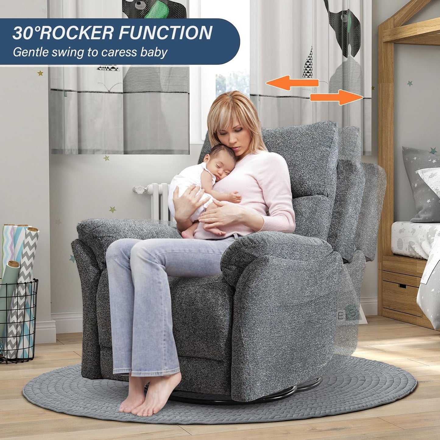 Swivel Rocker Recliner Chair Nursery, Manual Fabric Small Rocking Recliner, Modern Rocking Reclining Chairs for Living Room, Bedroom, Small Space (Gray)