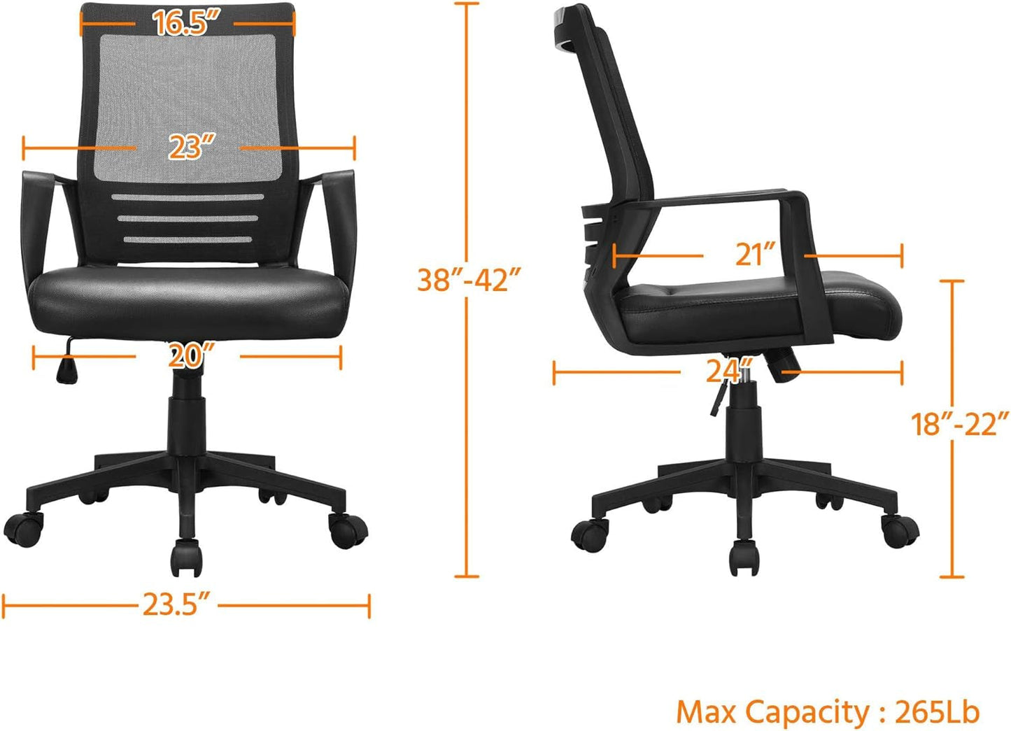 Ergonomic Office Chair Leather Seat and Mesh Back Computer Chair Executive Chair Mid-Back Rolling Swivel Chair with Lumbar Support and Armrests Adjustable Height for Office Meeting, Black