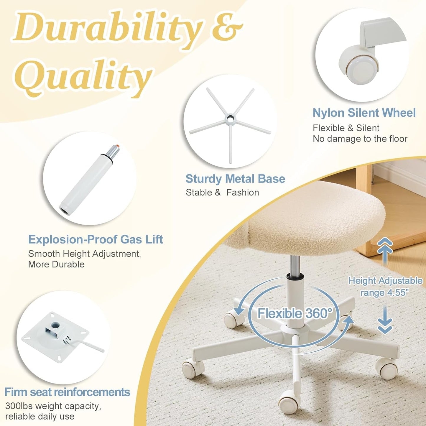 Candy Chair Armless Cute Desk Chair,Comfy Small Office Chair with Wheels,Vanity Chair Lumbar Support,Teddy Adjustable Rolling Swivel Computer Task Chair for Home Office,Bedroom,Creamy Beige