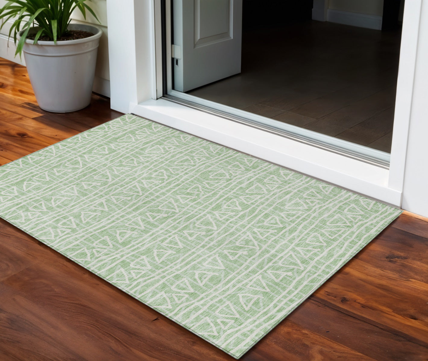 3' X 5' Mint Green Artichoke Green And Ivory Geometric Washable Indoor Outdoor Area Rug