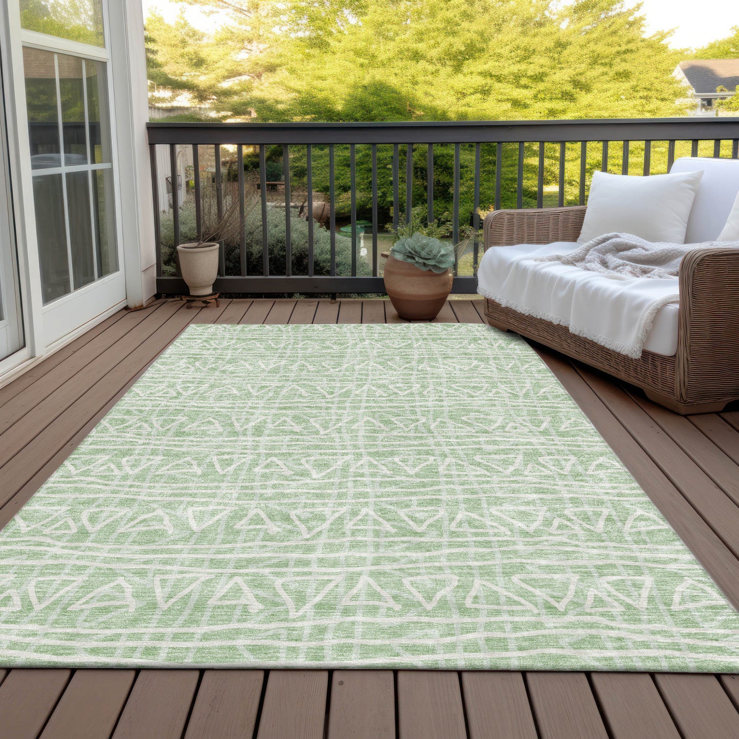 3' X 5' Mint Green Artichoke Green And Ivory Geometric Washable Indoor Outdoor Area Rug
