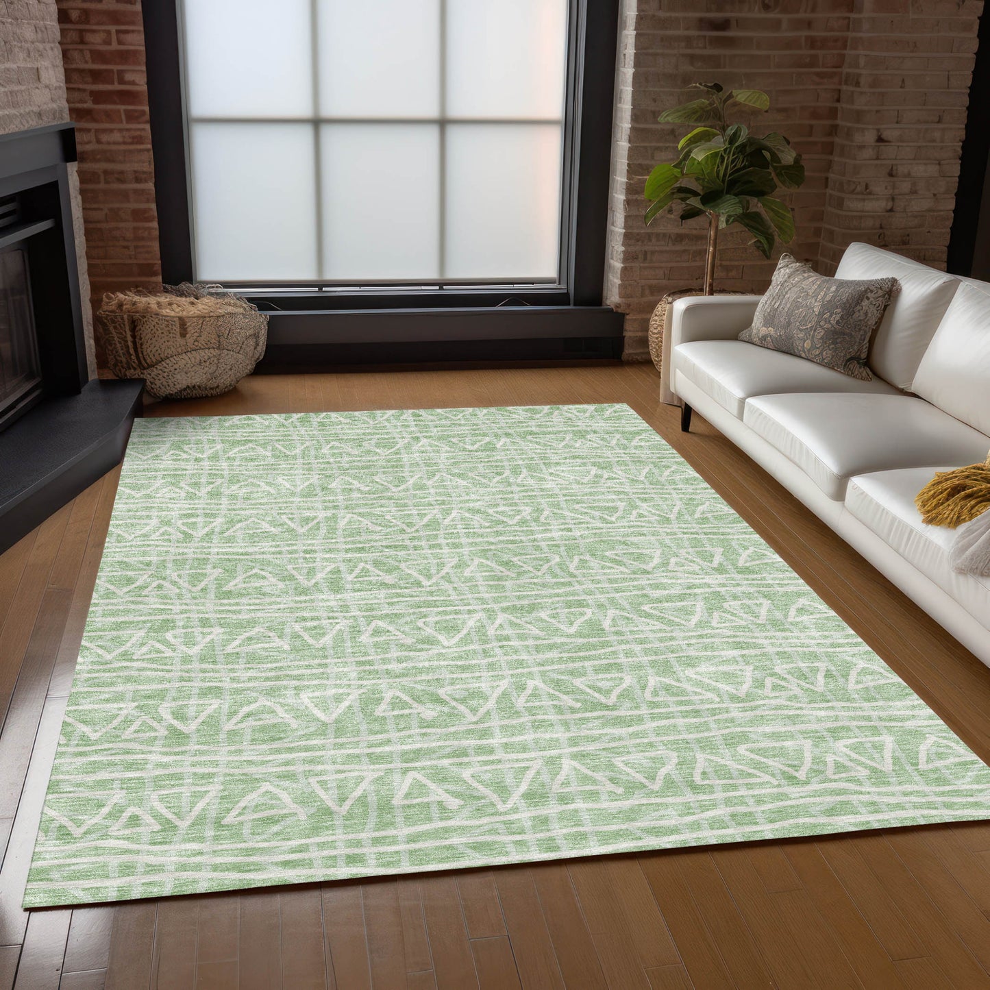 3' X 5' Mint Green Artichoke Green And Ivory Geometric Washable Indoor Outdoor Area Rug