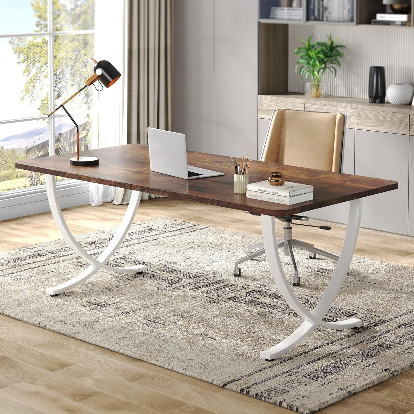 Executive Desk, 63” W X 31.5” D Large Office Desk, Modern Computer Desk Conference Table Meeting Room Table, Business Furniture for Home Office, White and Walnut