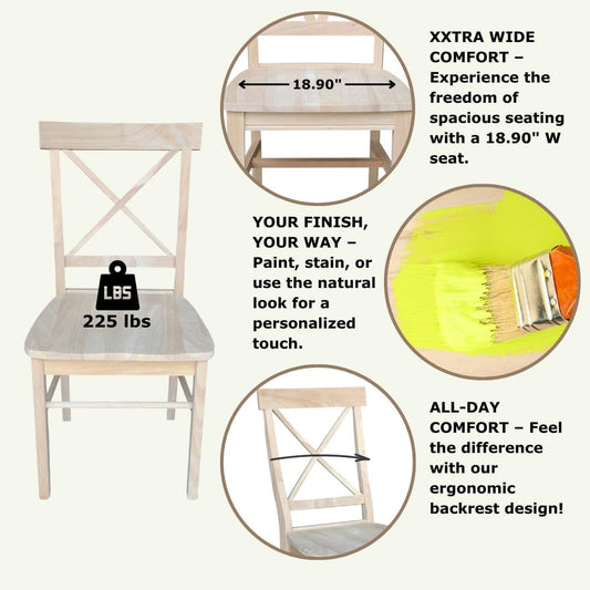 X-Back Dining Chairs Set of 2 Solid Parawood, Upgrade Your Dining Room with Stylish and Comfortable Chairs, Paint or Stain in Any Color, 18.9"W X 22.2"D X 36.9"H, Unfinished