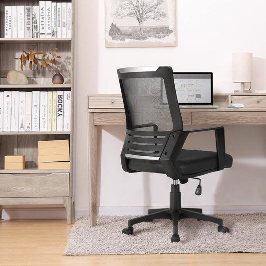 Ergonomic Office Chair Leather Seat and Mesh Back Computer Chair Executive Chair Mid-Back Rolling Swivel Chair with Lumbar Support and Armrests Adjustable Height for Office Meeting, Black