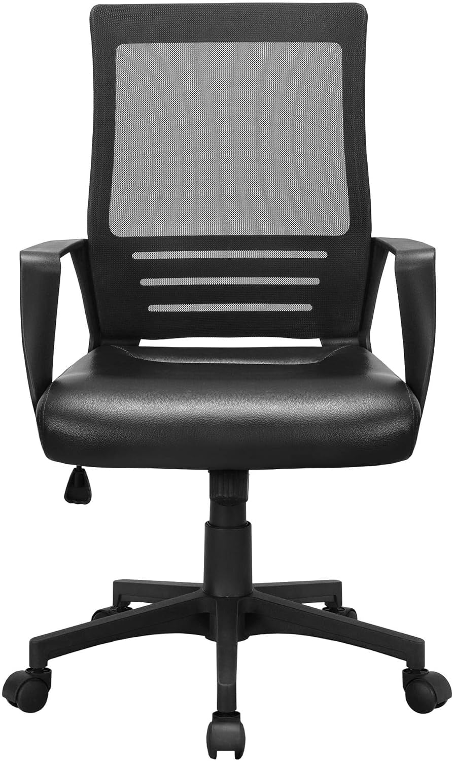Ergonomic Office Chair Leather Seat and Mesh Back Computer Chair Executive Chair Mid-Back Rolling Swivel Chair with Lumbar Support and Armrests Adjustable Height for Office Meeting, Black