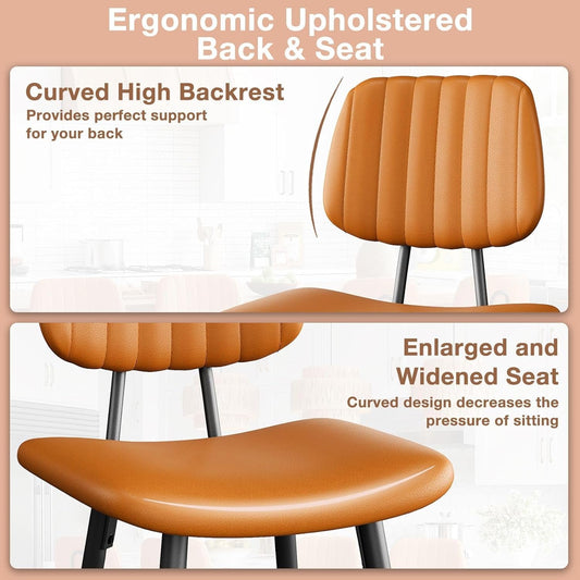 Bar Stools Set of 2, 24.6 Inch Counter Height Barstools, High Backrest Faux Leather Upholstered Counter Stools with Armless Footrest Modern Bar Chairs Tall Pub Stools for Kitchen Dining,Brown