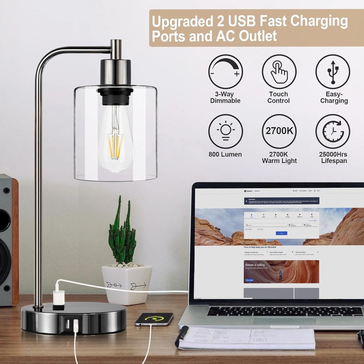Industrial Touch Control Table Lamps Set of 2 - Black Nickel Bedside Lamps with 2 USB Ports & AC Outlet, 3-Way Dimmable Nightstand Desk Lamp for Bedroom Living Room, Glass Shade & 2 LED Bulbs Included