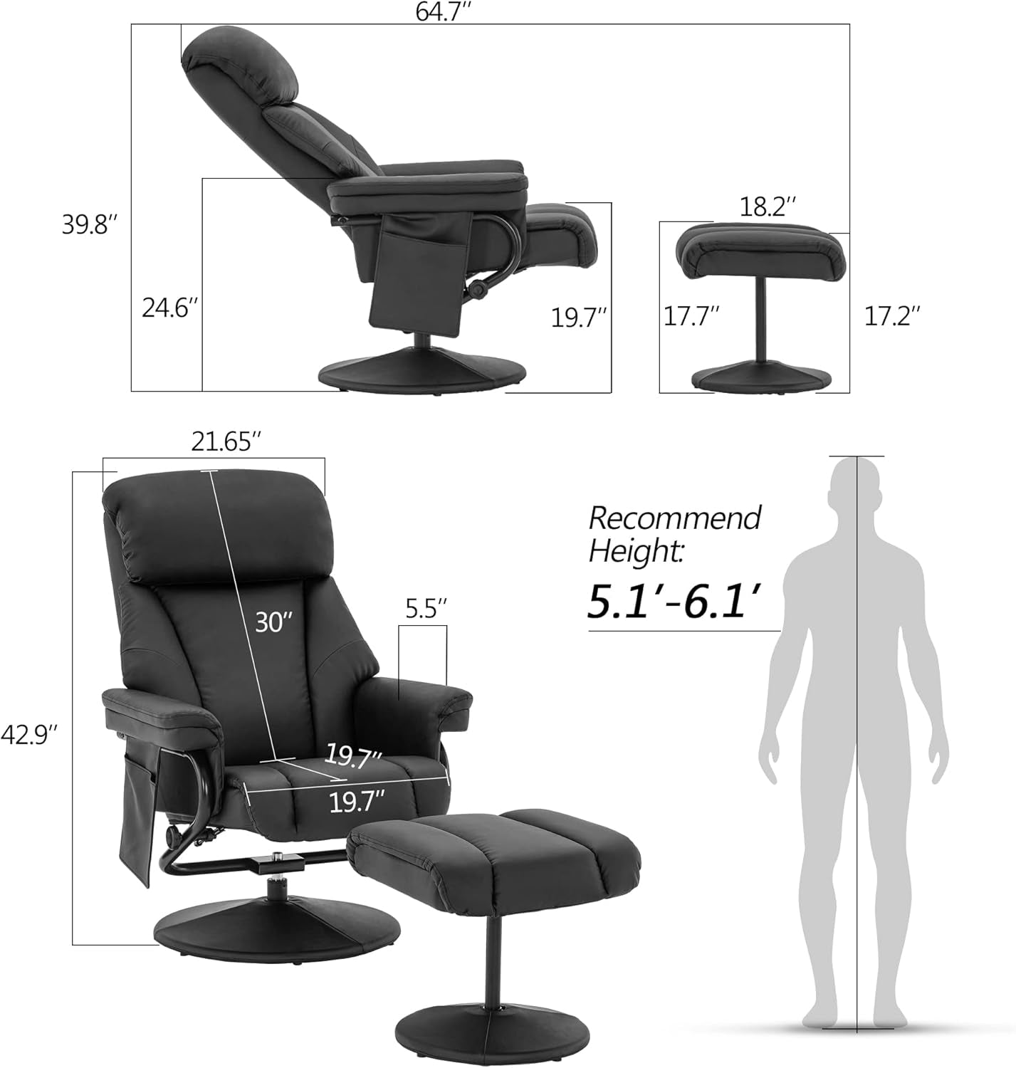 Swivel Recliner with Ottoman, TV Chair with Vibration Massage, Ideal for RV Small Space, Living Room & Bedroom 4539 4828 (Faux Leather, Black)
