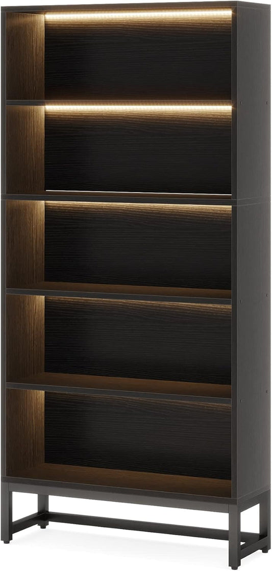 Tall Bookcase Black Bookshelf, 70.8” Large Bookcases Organizer with LED Lights, Heavy Duty Free-Standing Library Bookshelf with 5-Tier Storage Shelves for Living Room, Bedroom (Black)