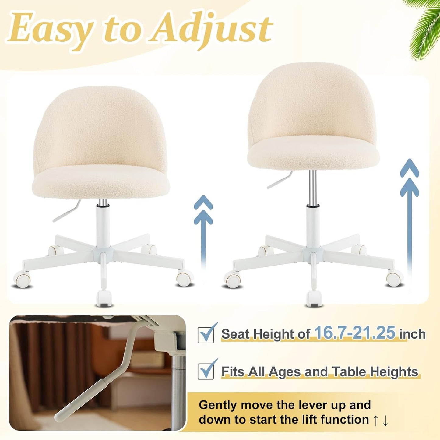 Candy Chair Armless Cute Desk Chair,Comfy Small Office Chair with Wheels,Vanity Chair Lumbar Support,Teddy Adjustable Rolling Swivel Computer Task Chair for Home Office,Bedroom,Creamy Beige