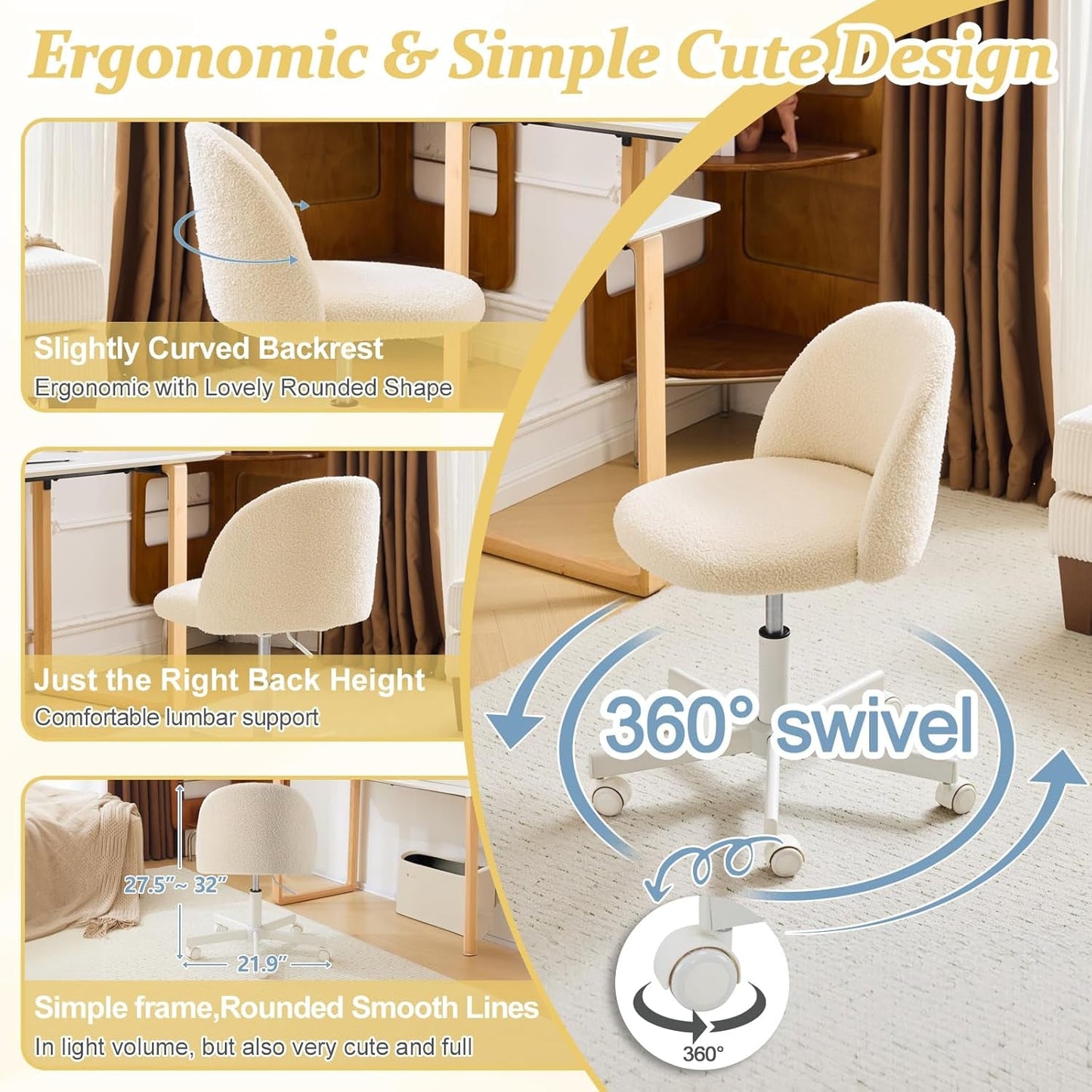 Candy Chair Armless Cute Desk Chair,Comfy Small Office Chair with Wheels,Vanity Chair Lumbar Support,Teddy Adjustable Rolling Swivel Computer Task Chair for Home Office,Bedroom,Creamy Beige