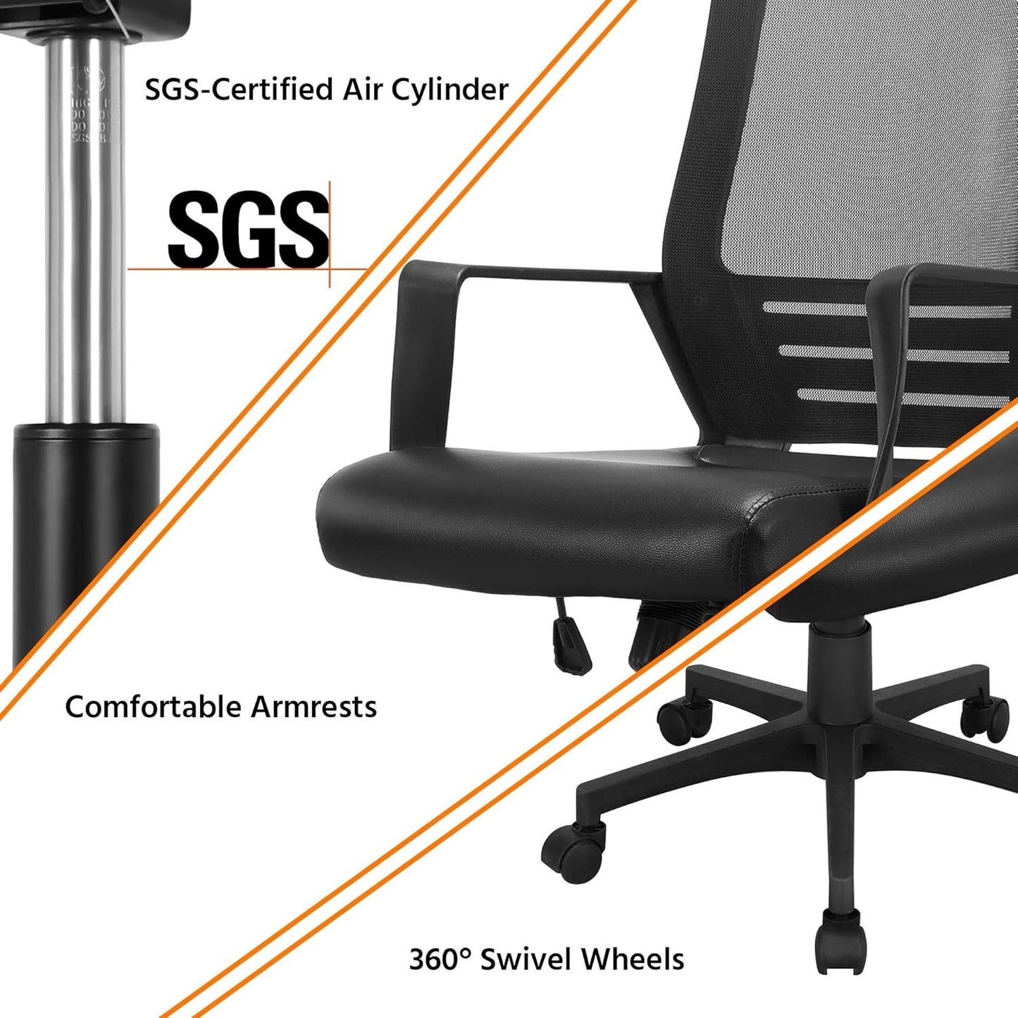 Ergonomic Office Chair Leather Seat and Mesh Back Computer Chair Executive Chair Mid-Back Rolling Swivel Chair with Lumbar Support and Armrests Adjustable Height for Office Meeting, Black